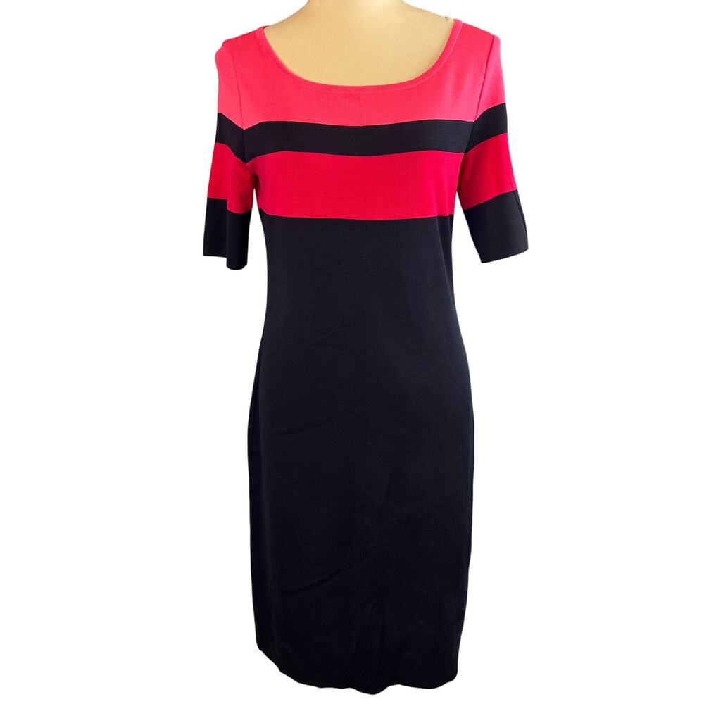 Misook Colorblock Knit Sheath Dress Scoop Neck Short Sleeve Navy Pink XS Classic